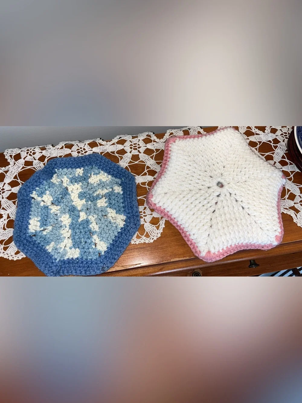 Hand Crocheted Pot Holder/Hot Pad Set – Blue Snowflake & Pink Starburst